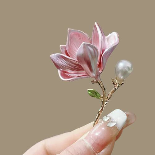 Cute Pink Magnolia Flower Brooches for Women Girls Elegant E