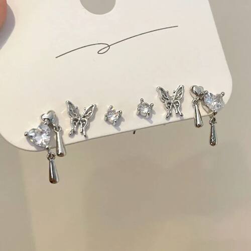 Y2K 6Pcs/set Silver Color Rhinestone Butterfly Stud Earrings