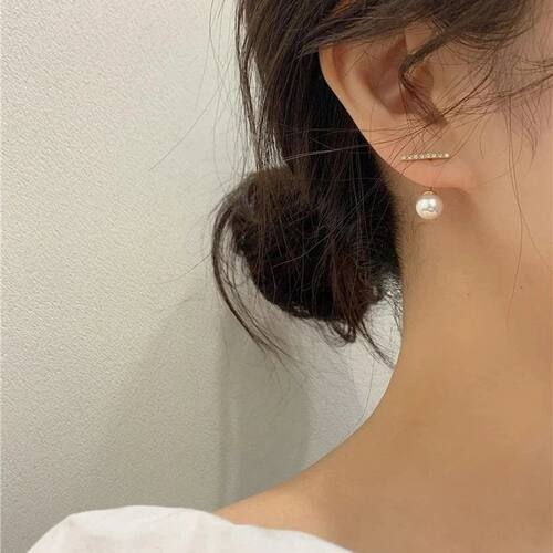 New Korean Crystal Line Metal Pearl Stud Earrings For Women