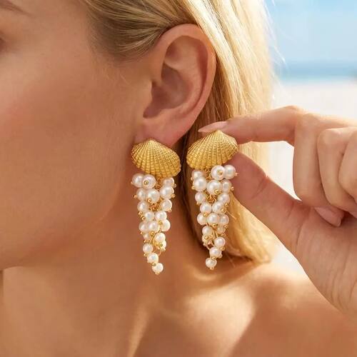 Boho Elegant Imitation Pearl Seashell Dangle Earrings For Wo