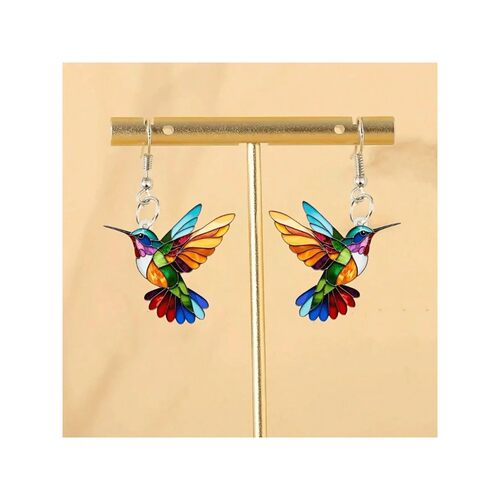 Acrylic Hummingbird Drop Earrings, Colorful 2D Design, Stain