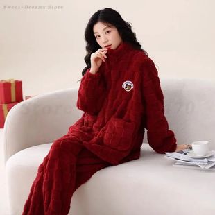 Winter Sleepwear Red Bridal Pajamas Set Loungewear Thick Fla