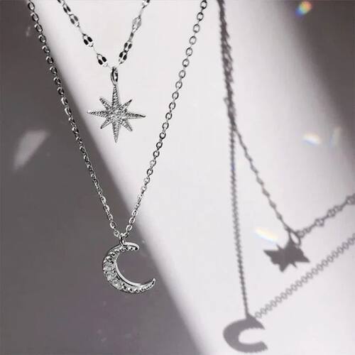 New Fashion Silver Color Star Moon Double Layer Necklace for