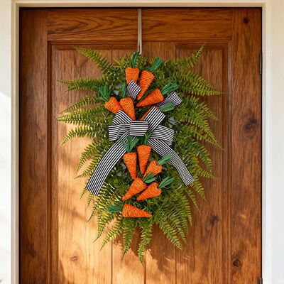 Easter Carrot Fern Wreath Door Decor Striped Bow Wreath Home