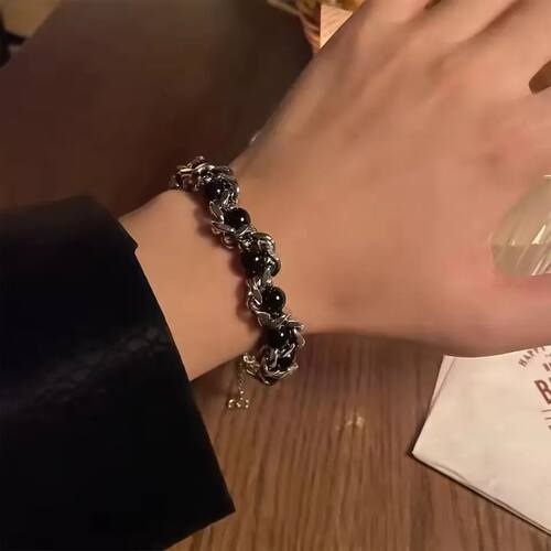 Stainless Steel Beaded Chain Bracelet For Women Men nd Silve