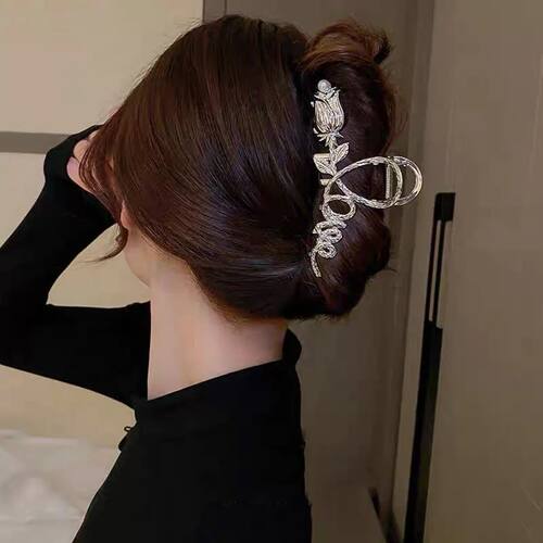 Vintage Metal Pearl Rose Flower Grab Clip Ladies Elegant tai