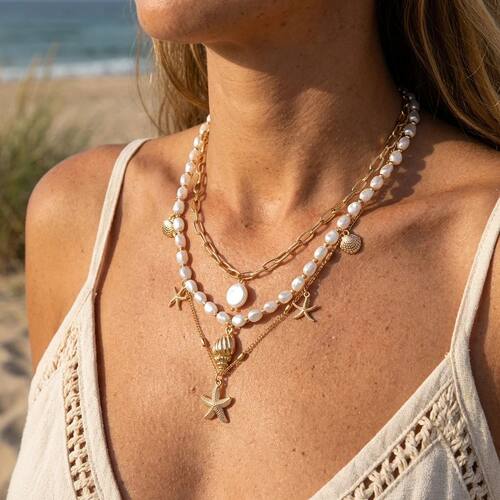 Gold Color Multilayer Starfish Shell Pendant Necklace For Wo