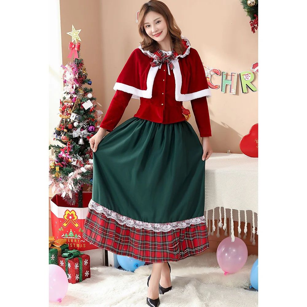 Christmas Queen Shawl Plaid Splicing Fluffy Dress Outfit Wom