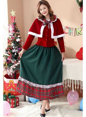 Christmas Queen Shawl Plaid Splicing Fluffy Dress Outfit Wom