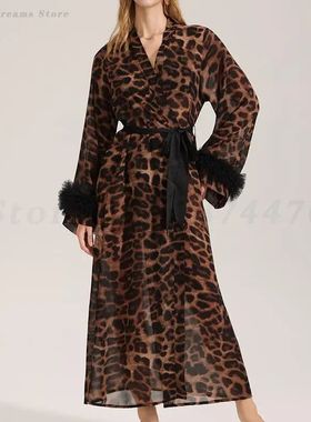 Oversize Leopard Print Robe Sleepwear Sexy Morning Gown Long