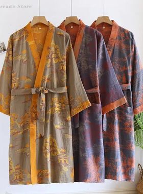 Men's Cotton Kimono Bathrobe Gown Yukata Haori Retro Print F