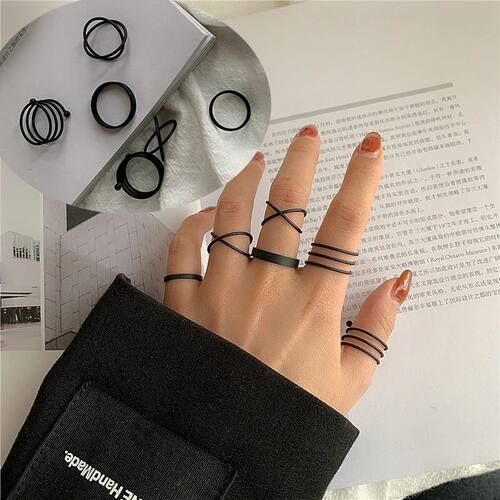 JWER 6Pcs/set Punk Finger Rings Minimalist Smooth black Geom