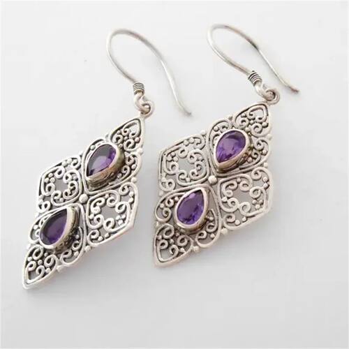 Vintage Silver Color Water Droplets Purple Stone Earrings Pe