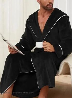 Autumn Winter New Men's Sleepwear Thicken Flannel Hooded Lon