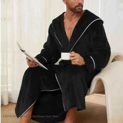 Autumn Winter New Men's Sleepwear Thicken Flannel Hooded Lon