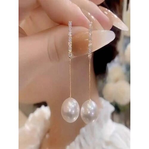 Womens Faux Pearl Drop Earrings With Crystal Bar And Long Ch