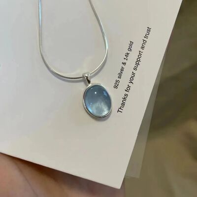 Silver Oval Aquamarine Pendant Necklace, Luxury Snake Chain