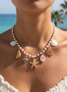 Bohemian Imitation Pearl Beaded Chain Necklace for Women Oce
