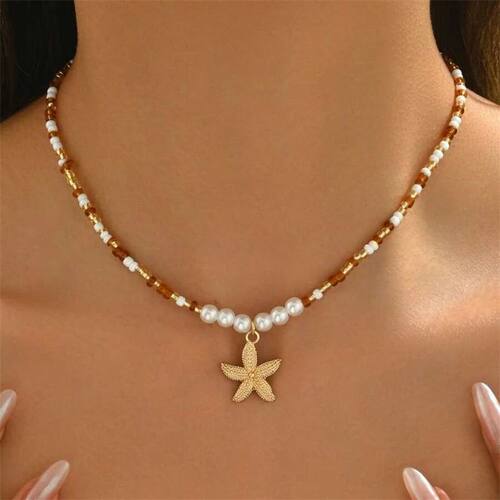 Bohemian Starfish Pendant Necklace, Handmade Rice Bead & Imi