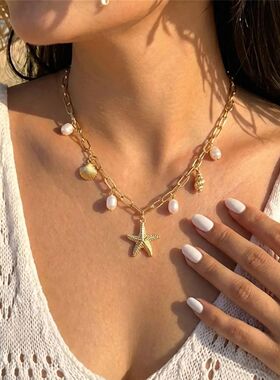 Boho Metal Starfish Conch Pendant Necklace For Women Imitati