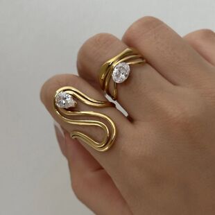 Stainless Steel Vintage Wave Twisted Open Cuff Rings Inlaid