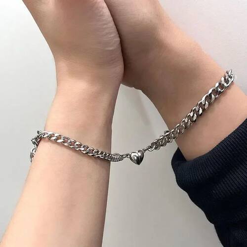 2Pcs Punk Silver Color Chain Couple Bracelet for Women Coppe