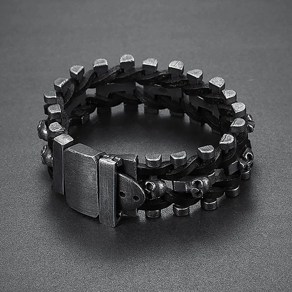 Men's Domineering Black Skull Braided Leather Bracelets 316L