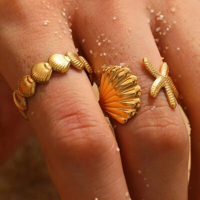 2Pcs/Set Punk Stainless Steel Starfish Shell Rings Waterproo