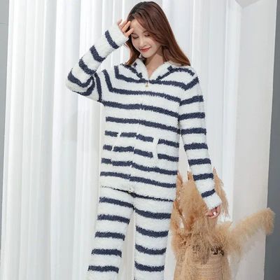 Thicken Plush Flannel Sleepwear Loungewear Winter Furry Fema