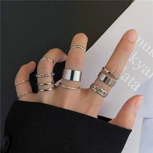 Punk Simple Rings Set Silver Color Geometric Hollw Wide Ring