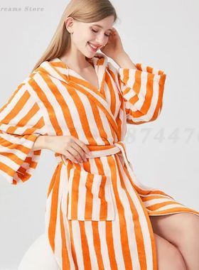 Hooded Striped Sleepwear Nightgown Hotel Flannel Bathrobe Ki