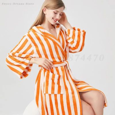 Hooded Striped Sleepwear Nightgown Hotel Flannel Bathrobe Ki