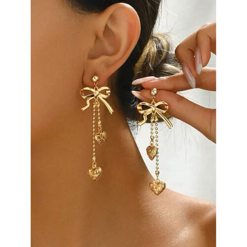 Elegant Bowknot Drop Earrings With Heart Charms And Crystal