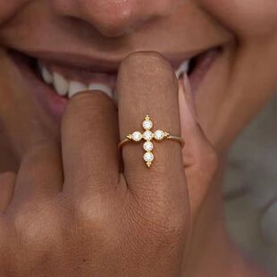 Stainless Steel Cross Ring Neutral Inlaid Zircon Pearl Open