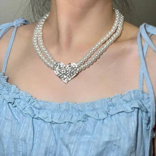 Heart Pearl Jewelry Set Old Money Style 2Pcs Double Strand N