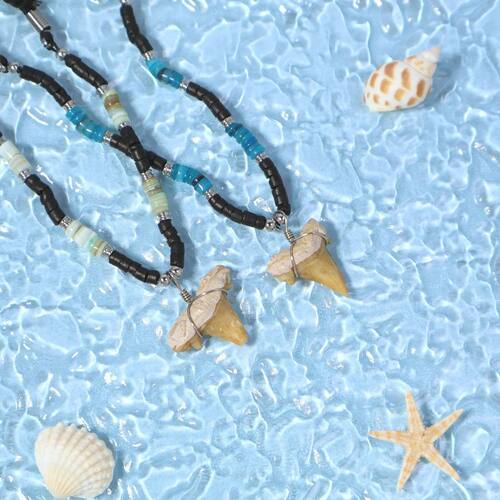 Surfer Necklace for Men Shark Tooth Wood Bead Tribal Chain B