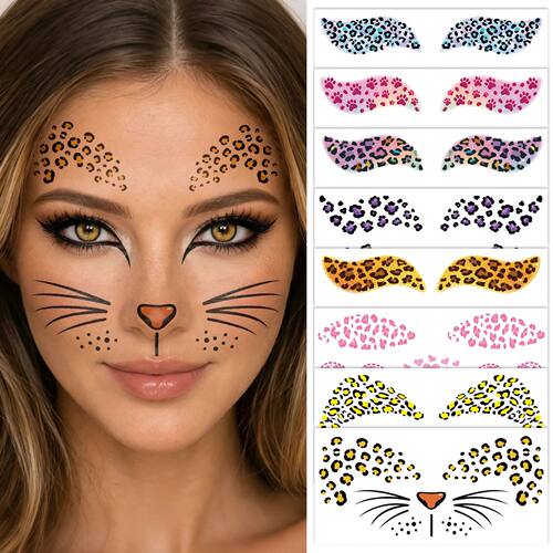 8 Sheets Leopard Face Temporary Tattoos ers, Fake Cheetah Fa
