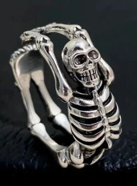 Vintage Thai Silver Skull Skeleton Cuff Ring for Men & Women