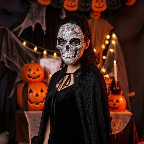 Horror Skull Mask for Halloween Party, Rhinestone Decorated