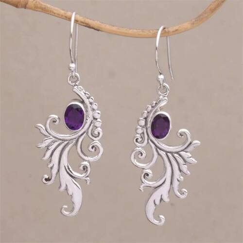 Vintage Oval Purple Stone Earrings Ethnic Silver Color Metal