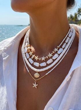 4Pcs/Set Boho Starfish Conch Rice Beads Pendant Necklace for