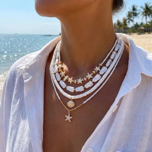 4Pcs/Set Boho Starfish Conch Rice Beads Pendant Necklace for