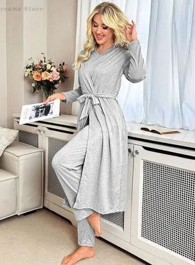 Grey Pijama Mujer Women 3Pcs Sleepwear Long Bathrobe Kimono