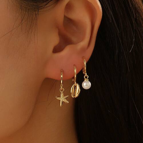 3 Pcs Boho Starfish Shell Hoop Earrings Set for Women Imitat