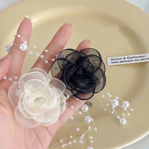 Romantic Pearls Rose Flower Choker Necklaces Black White Gau
