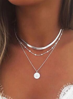 Fashion Flat Snake Chain With Three Layer Coin Disc Pendant