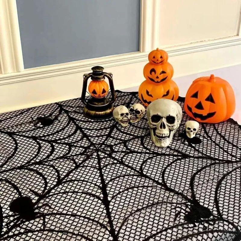 Halloween Lace Tablecloth, Black Lace Table Topper with Spid