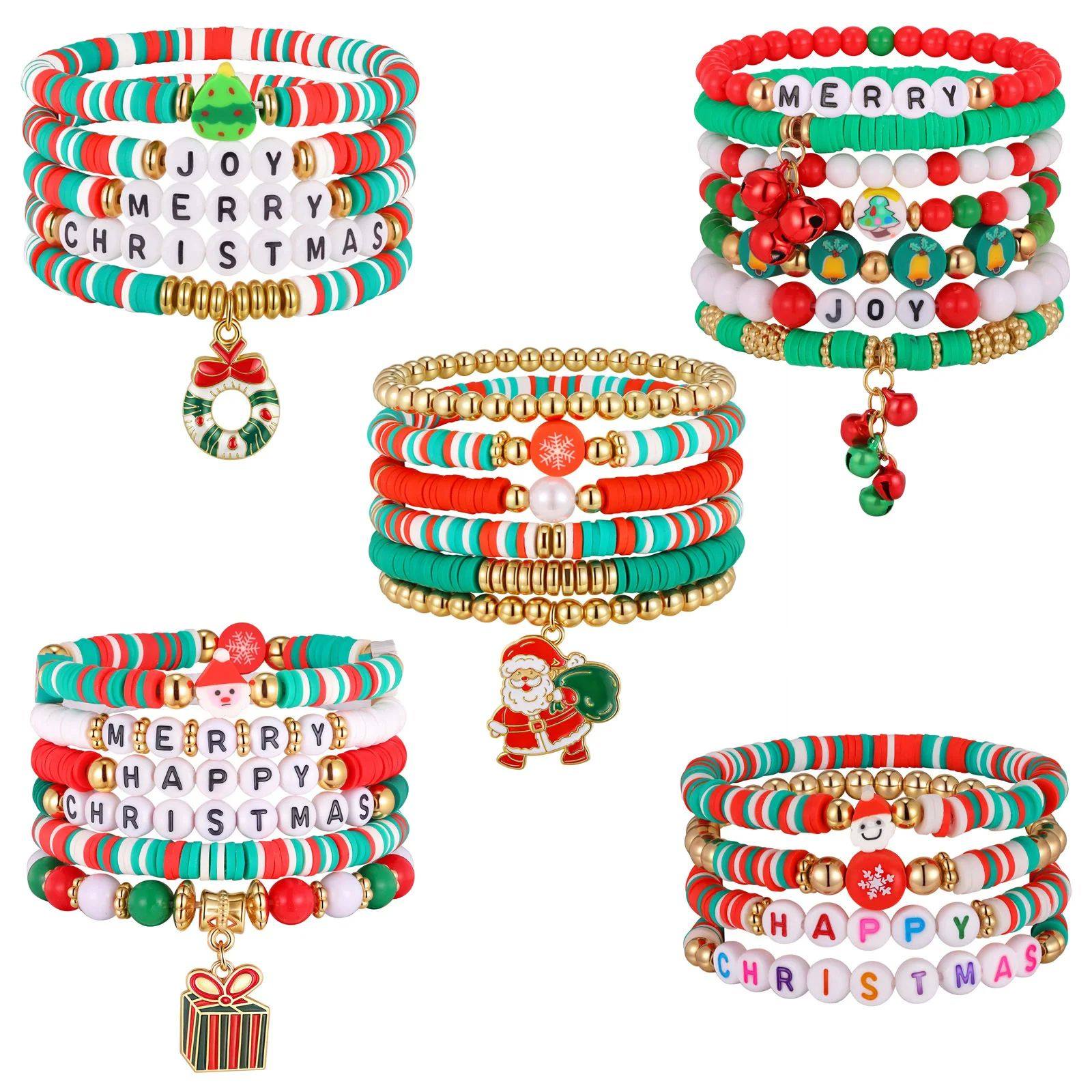 Christmas Bracelets, Charms Bell Snowman Xmas e Beaded Stch