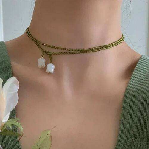 Olive Crystal Beads & White  of the Valley Double Layer Wrap