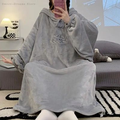 Oversize Loose Nightgown Hooded Nightdress Bathrobe Gown Wom